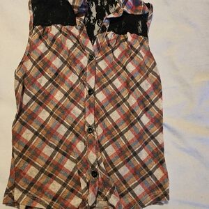 Rhapsody Multicolor Plaid Sleeveless Shirt with Lace